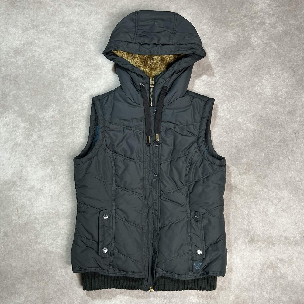 American Eagle Outfitters Vest Womens S Black Puffer Insulated Sherpa Hoodie